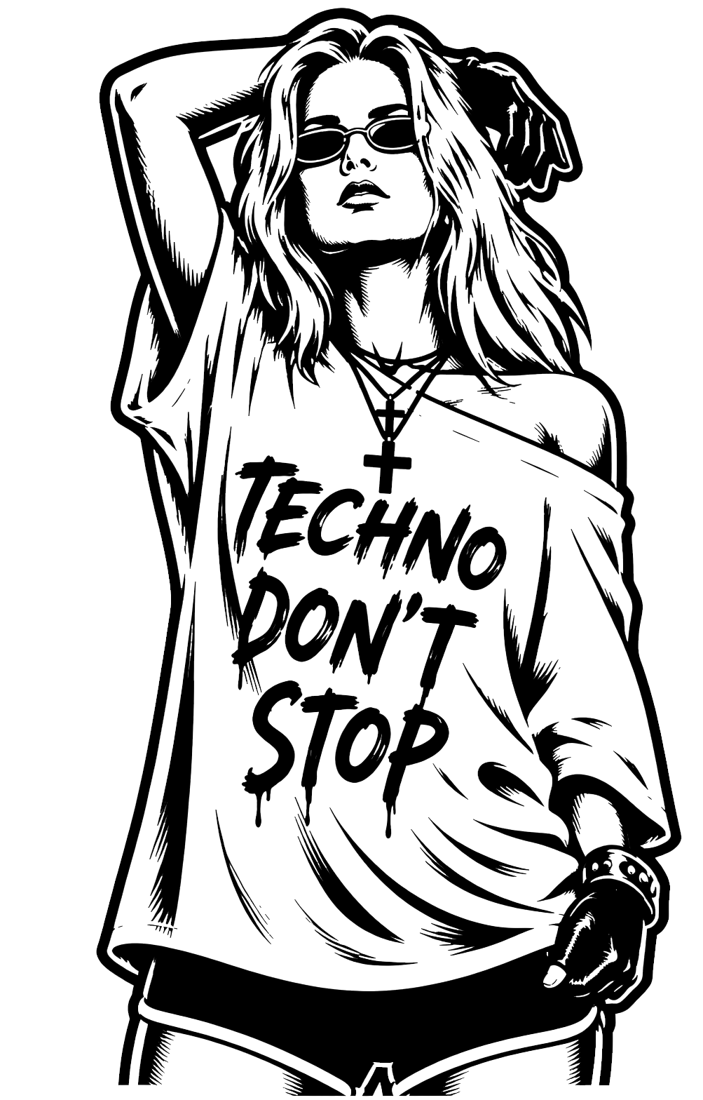 Tatuagem flash de pin up techno dont stop. Disponível na Micael Tatuagem, Muriaé MG.